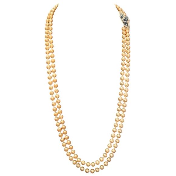 90’s Deco Style Double Strand Pearl Necklace With Rhinestone Butterfly Pendant - Picture 1 of 4